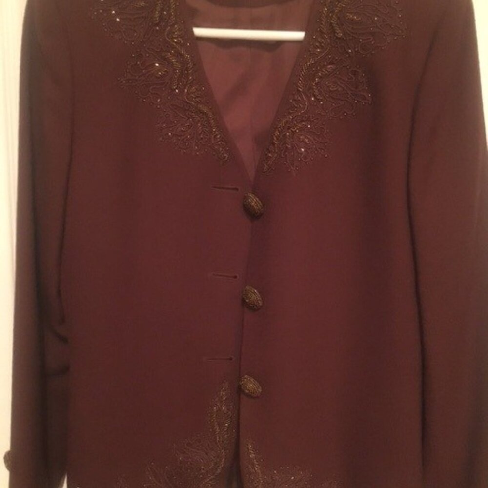 John Meyer two piece lined suit, Cocoa Brown with bronze beading   Size 10P